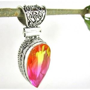 Large Teardrop BiColor Simulated Tourmaline Pendant Silver 925 Ornate NEW Pink